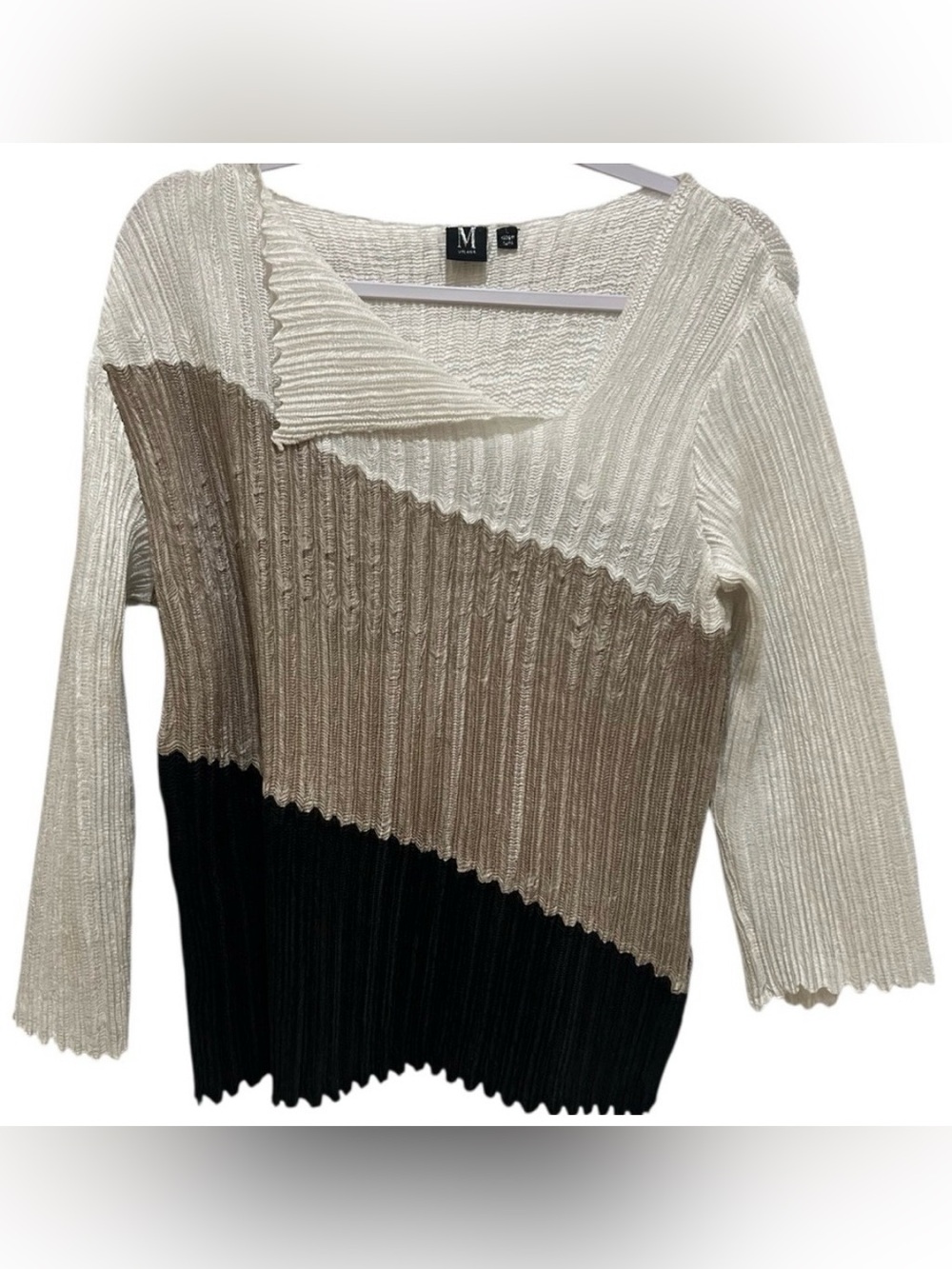 Milio Milano women’s Large soft 3/4 sleeve colorblock cream, tan & black blouse